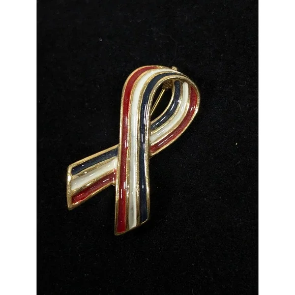 American Flag Ribbon Brooch Red White Blue Enamel Patriotic Pin - Picture 2 of 8